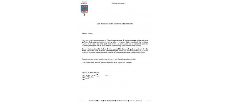 Information aux parents relative aux activités extra-communales