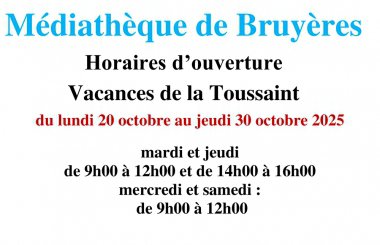 horaires médiathèque : vacances de la toussaint