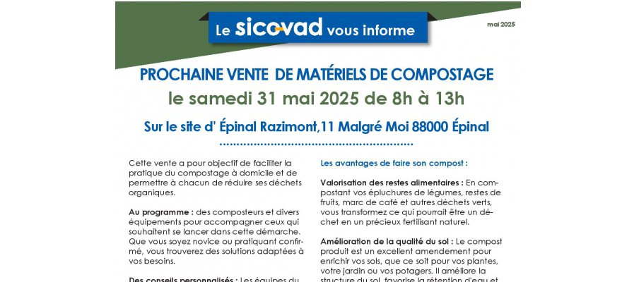 SICOVAD info mensuelle : vente de matériels de compostage le samedi 31 mai 2025