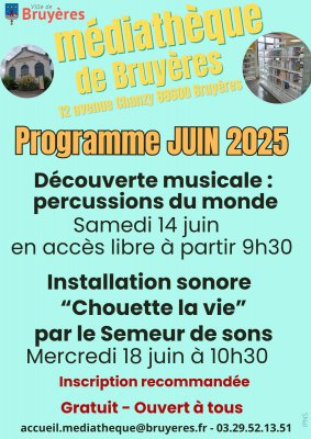 programmation de juin à la médiathèque de Bruyères :