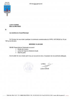 Invitation à la cérémonie commémorative de l'appel du 18 JUIN 1940