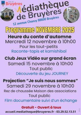 Programme animations médiathèque NOVEMBRE 2025